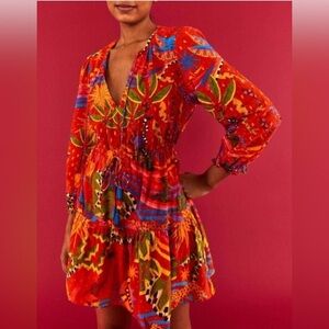 FARM Rio Magic Forest cotton minidress long sleeve Vibrant Red Toucan Tropical